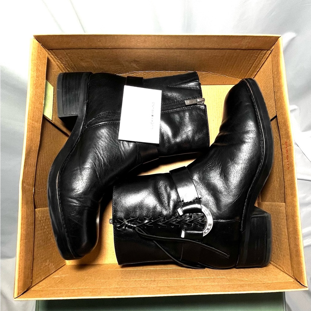 Lucky Brand Square Toe Boots. Black with black leather lacing and horseshoe. ☘️